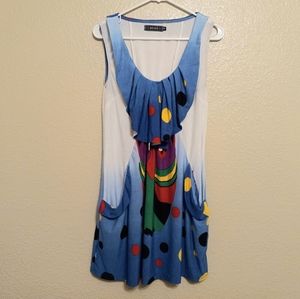Ice Silk Blue White Slinky Owl Print Dress Pockets